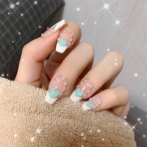 Unghie Finte Francesi Con Cuore Verde E Künstliche Perle Resina Unghie Artificiali Stile Elegante Semplice Per Ragazze