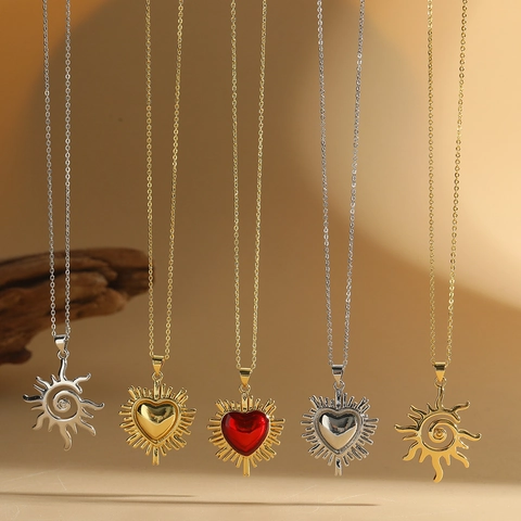 Elegante Herz Sonne Anhänger Halskette Retro Kupfer Gold Silber Plattiert Schmuck Für Frauen Ästhetik Strahlen Choker