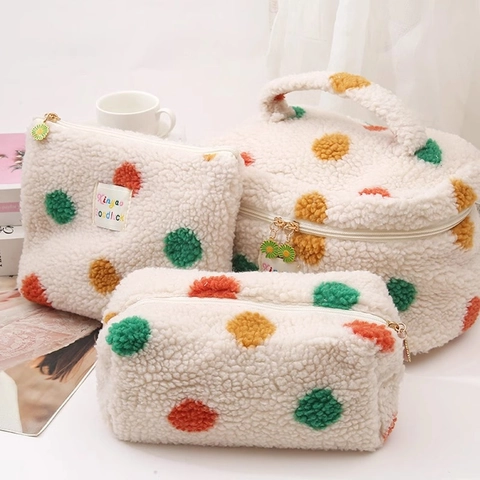 Sac Cosmétique En Peluche Sherpa À Pois Colorés Trousse De Toilette Pochette De Rangement Style Coréen Doux Pour Femmes