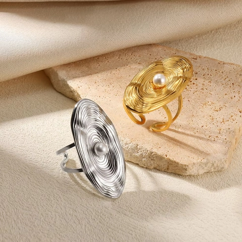 Edelstahl Offener Ring Damen Künstliche Perle Geometrische Falten Textur INS Stil Vintage Übertriebene Verstellbare Ring