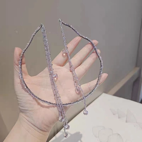 Serre Tête Perlé Cristal À La Main Avec Pompon Asymétrique Détachable Accessoires Cheveux Romantique Pour Femmes