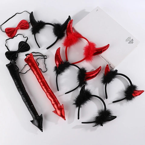 Metallic Halloween Teufelshörner Haarreif Glänzende Fliege Schwanz Kostümzubehör Für Cosplay Partys Rot Schwarz