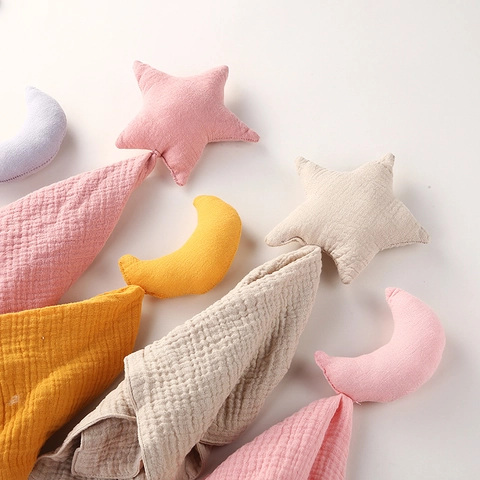 Doudou Bébé Mousseline De Coton Gaze Douce Serviette Apaisante Étoile Lune Tête En Peluche Poupée De Sommeil Nourrissons