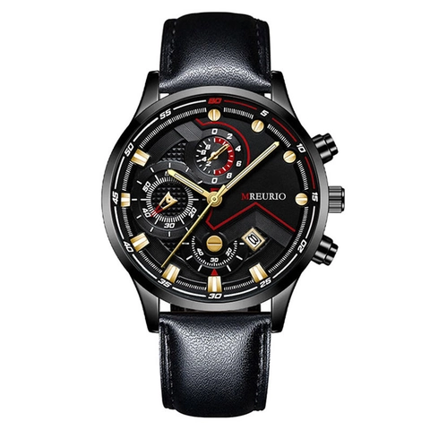 Mens Business Fashion Quarzuhr Lederarmband Legierungsgehäuse Multifunktions Chronograph Datumsanzeige