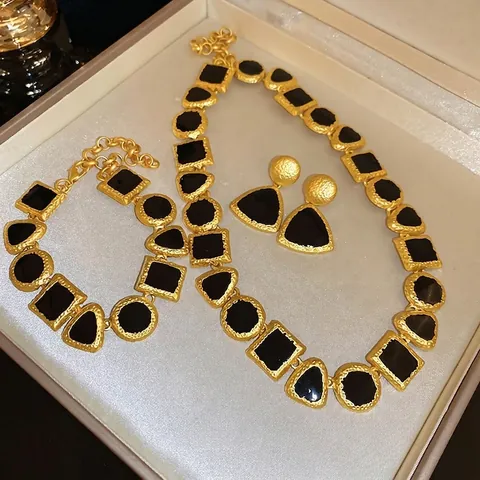 Vintage Geometrico Collana Bracciale Orecchini Lega Smalto Colori Contrastanti Elegante Donne Accessori Perno In Argento