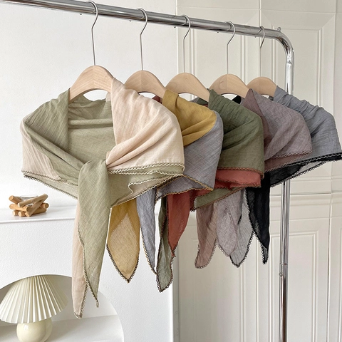 Châle Triangulaire En Coton Et Lin Pour Femmes Avec Bordure En Dentelle Festonnée Écharpe Décorative Légère Pare-soleil