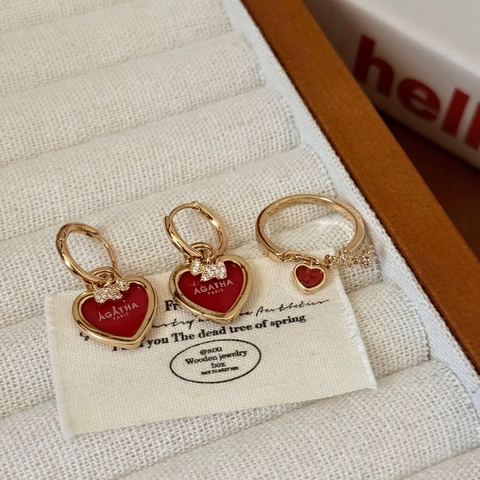 Rode Emaille Hart Oorbellen En Ring Met 925 Sterling Zilveren Steker Legering Strass Sieraden Voor Vrouwen