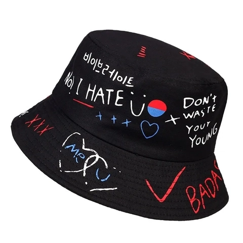 Chapeau Bob Double Face Graffiti Acrylique Toile De Coton Protection Solaire Bord Large Respirant Streetwear