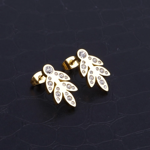 Pendientes De Botón Con Forma De Hoja Acero Inoxidable Cristal Circonita Joyería De Planta Creativa Para Mujeres