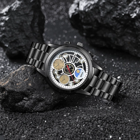 LIANDU Orologio al Quarzo Business da Uomo Quadrante con Ingranaggi Scheletrati Fasi Lunari Giorno Notte Cinturino in Acciaio