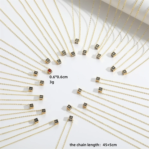 Minimalist Square Cube Pendant Necklace Copper With Gold Plating Black Enamel Initial Letter Clavicle Chain For Women
