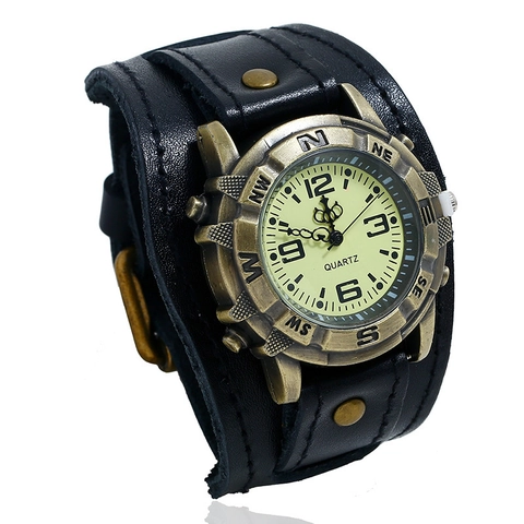 Vintage Leather Cuff Bracelet Quartz Watch Punk Hip Hop Style Bronze Metal Case Compass Markings For Men Women Rivet