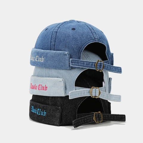 Denim Docker Cap Brimless Miki Hat Adjustable Embroidery Retro Streetwear Accessory For Men Women