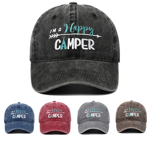 Gorra De Béisbol Bordada Happy Camper Algodón Lavado Vintage Retro Ajustable Sombrero Sol Camping Al Aire Libre