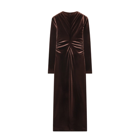 Elegant Velvet Long Sleeve Deep V Neck Ruched Bodycon Midi Dress Solid Color Slim Fit Party Clubwear For Women