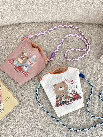 Mini Tote Schultertasche Oxford Canvas Cartoon Bär Stickerei Geflochtener Seilgurt Für Frauen Mädchen Studenten Süß Lässig
