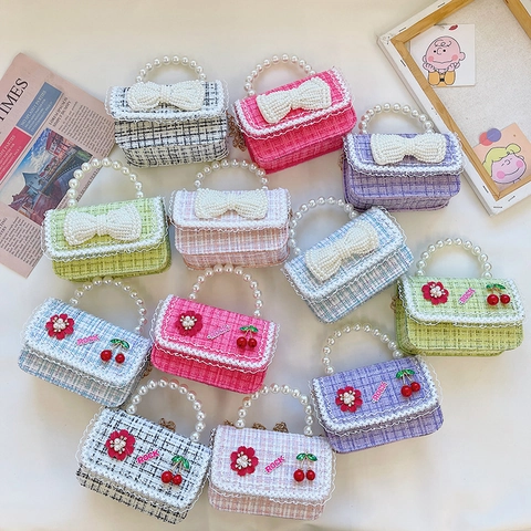 Kids Girls Mini Crossbody Bag Tweed Artificial Pearl Handle Bowknot Metal Chain Sweet Princess Fashion Accessory