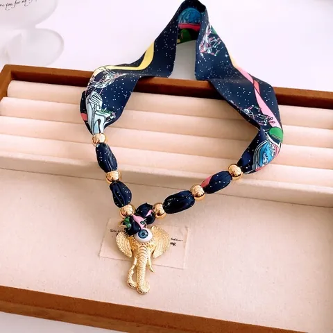Vintage Bohemien Satijnn Sjaal Ketting Met Boze Oog Olifant Hoorn Hanger Koperen Kralen Stof Etnische Sieraden Voor Dames