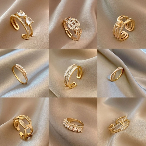 Retro Luxury Copper Rings Women Gold Plated Zircon Butterfly Artificial Pearl Coin Heart V Shape Adjustable Open Finger Jewelry