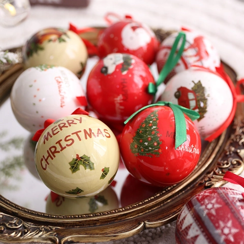 Christmas Ball Ornaments Painted Plastic Baubles For Tree Hanging Decoration Holiday Scene Layout Reindeer Snowman Pattern Vintage Style