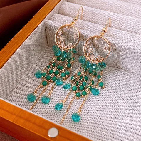 Vintage Bohemian Tassel Drop Earrings Copper Gold Plated Crystal Zircon Tourmaline Hollow Circle Flower Jewelry Women Ear Hook