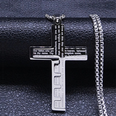 Roestvrijstalen Kruis Hanger Ketting Met Gegraveerd Onze Vader Religieuze Sieraden Met Box Ketting Voor Heren En Dames
