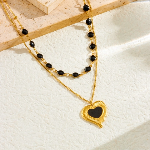Stainless Steel Double Layer Necklace With Black Beads Heart Cactus Sun Moon Star Pendants Trendy Jewelry For Women