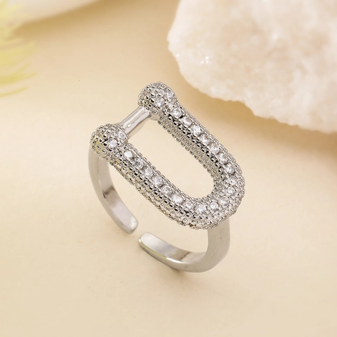 U-Shaped Geometric Open Ring Copper With 18K Gold Plating Micro Pave Cubic Zirconia Adjustable Fashion Jewelry For Women
