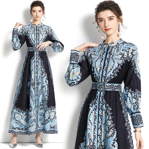 Women Paisley Print Maxi Dress Long Sleeve Stand Collar Belted Elegant Slim Fit Retro Ethnic Office Dress