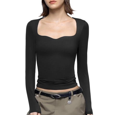 Women Long Sleeve Square Neck T-Shirt Slim Fit Crop Top Polyester Spandex Solid Color Casual Streetwear Autumn Fashion