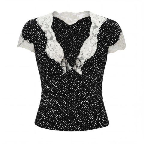 Damen Retro Polka Dot Bluse Viskose Kurzarm V-Ausschnitt Spitze Schleife Sommer Oberteil