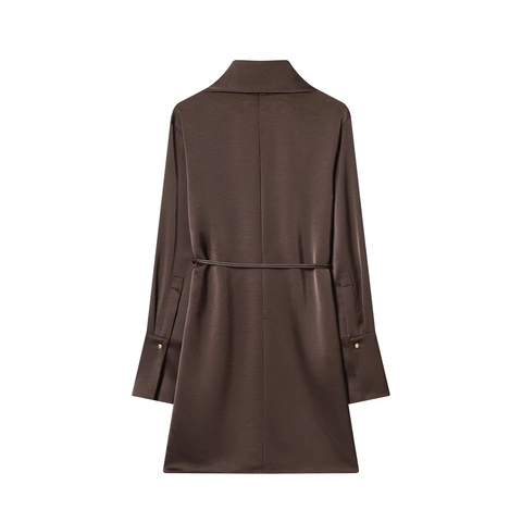 Vestido Mini Satén Manga Larga Cuello Mock Detalle Bufanda Color Sólido Marrón Oscuro Elegante Fiesta Mujer