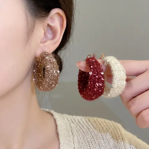 Wool Knitted Hoop Earrings With 925 Sterling Silver Earring Post Autumn Winter Fashion Korean Style Women Jewelry