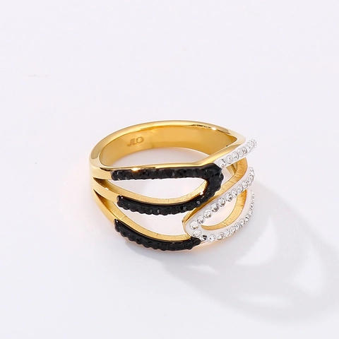 Gevlochten Meerlaagse Roestvrijstalen Ring Met Zwarte En Witte Zirkonia Geometrische Mode-Sieraden Voor Dames