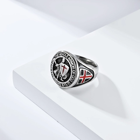 Ritter Templer Schild Kreuz Ring Herren Titanstahl Religiöse Bibelvers Rüstung Gottes Epheser Retro Polierter Schmuck