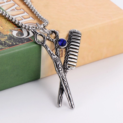 Retro Barber Scissors Comb Pendant Necklace 304 Stainless Steel Blue Rhinestone Punk Hip Hop Hairstylist Jewelry