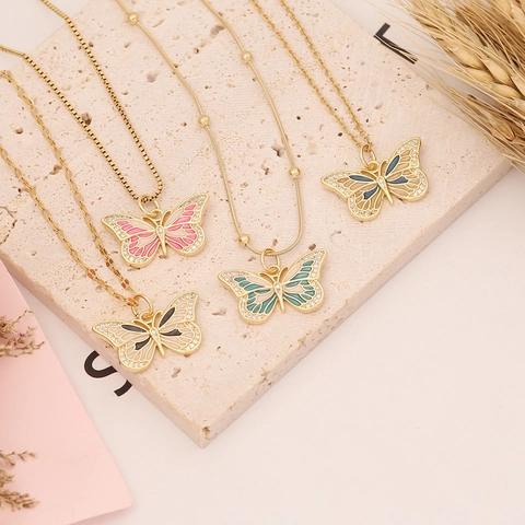 Butterfly Pendant Necklace In Copper With Cubic Zirconia Enamel Drip Oil Elegant Clavicle Chain For Women Jewelry