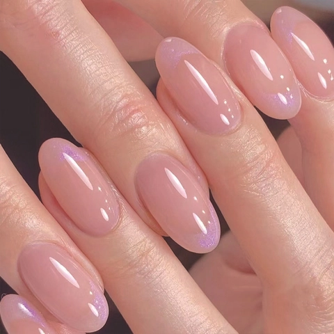 French Tip Press On Nails Oval Short Aurora Purple Glitter Jelly Pink Fake Nails Detachable Reusable Elegant For Women