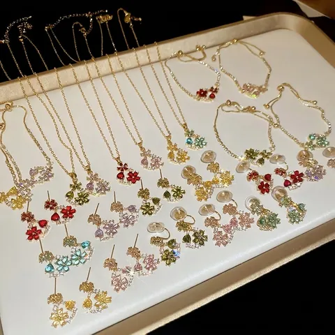 Elegant Flower Necklace Bracelet And Earrings 18K Gold Plated Copper With Colorful Zircon 925 Sterling Silver Earring Post