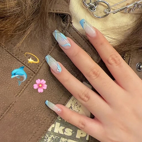 Press On Nails Long Coffin Almond Shape Artificial False Nail Tips ABS Gradient French Floral Rhinestone Decor Wearable For Women