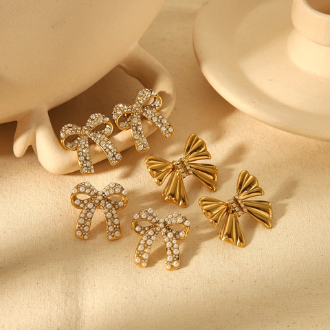 Pendientes De Botón Con Lazo Acero Inoxidable Chapado Oro 18K Brillantes Strass Perla Artificial Sintética Elegante Joyería Mujer