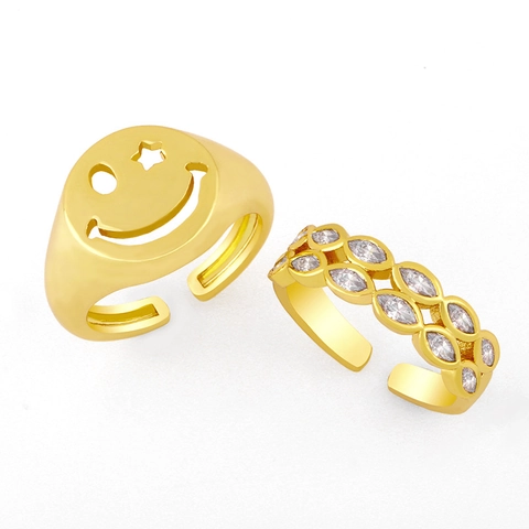 Anelli Aperti In Rame Placcato Oro Con Zirconi Faccina Sorridente Design Regolabile Per Gioielli Donna