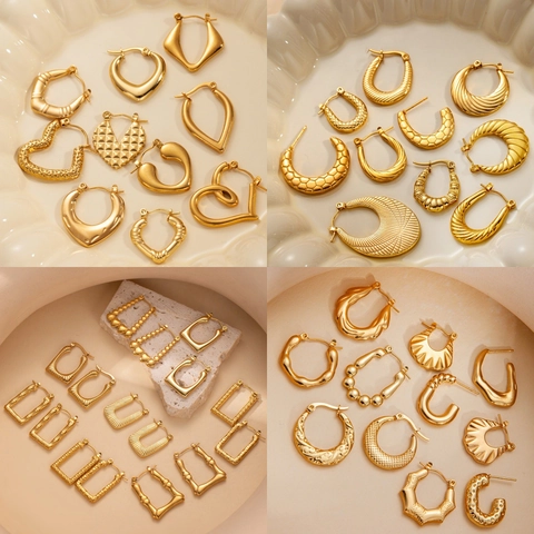 Gold Hoop Earrings Stainless Steel Vintage Textured Geometric Heart Star Design Fashion Accessories For Women