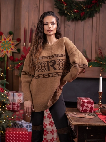 Pull En Maille Pour Femmes Col Rond Lâche Manches Longues Maillard Brun Lettre Motif Géométrique Coton Polyester