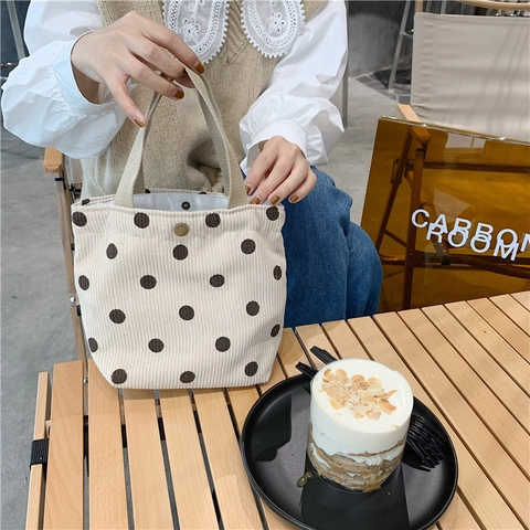 Corduroy Tote Bag Retro Handbag Small Lunch Bag For Women With Smile Face Checkerboard Polka Dot Floral Patterns Snap Button