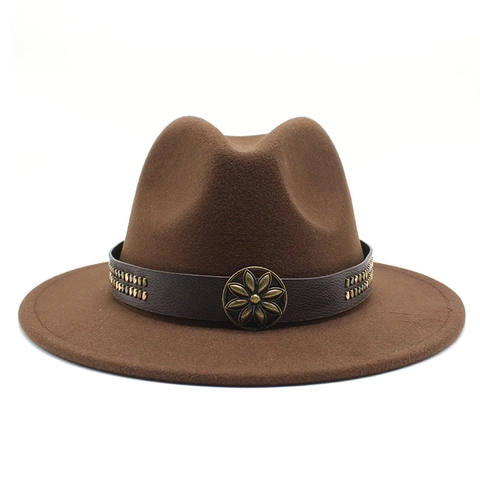 Fedora Hat Vintage Wide Brim Wool Felt Jazz Cap With Leather Band Metal Flower Buckle Rivets Western Cowboy For Men Women