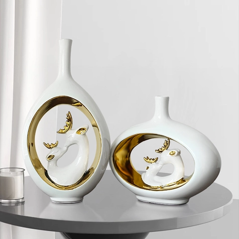 Modern Ceramic Vase Decorative Elk Deer Ornament Hollow Oval Sculpture For Living Room Entryway Nordic Style Minimalist Home Decor