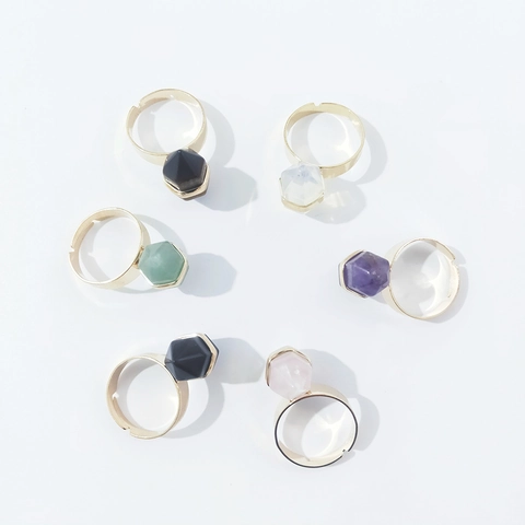 Hexagonal Column Natural Crystal Stone Ring Gold Plated Pointed Prism Adjustable Band Jewelry