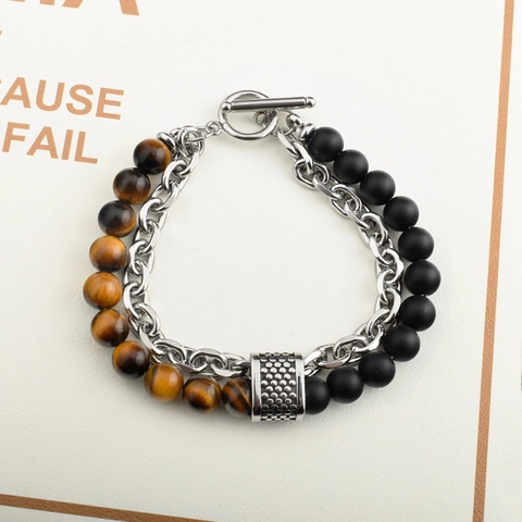 Men Double Layer Bracelet Stainless Steel Tiger Eye Black Matte Agate Splicing Chain Toggle Clasp Punk Fashion Jewelry