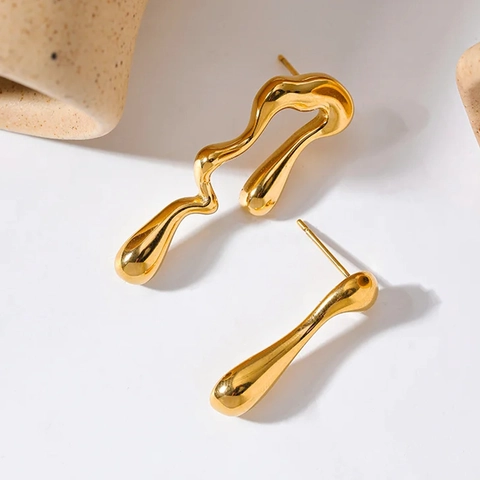 Orecchini Asimmetrici In Acciaio Inossidabile Placcato Oro Metallo Liquido Irregolare Onda Goccia Design Di Nicchia Eleganti